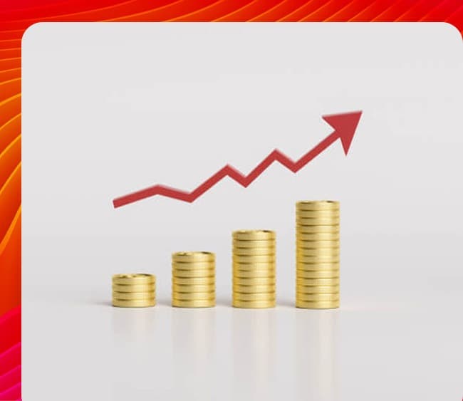 A red upward arrow pointing to a stack of gold coins, symbolizing financial growth and success.