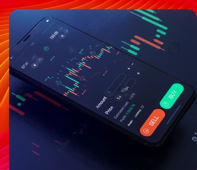A smartphone screen displaying a trading app interface with candlestick charts, buy and sell buttons, and order forms.