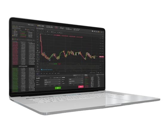 laptop screen displaying a trading platform interface with candlestick charts, indicators, and order forms.